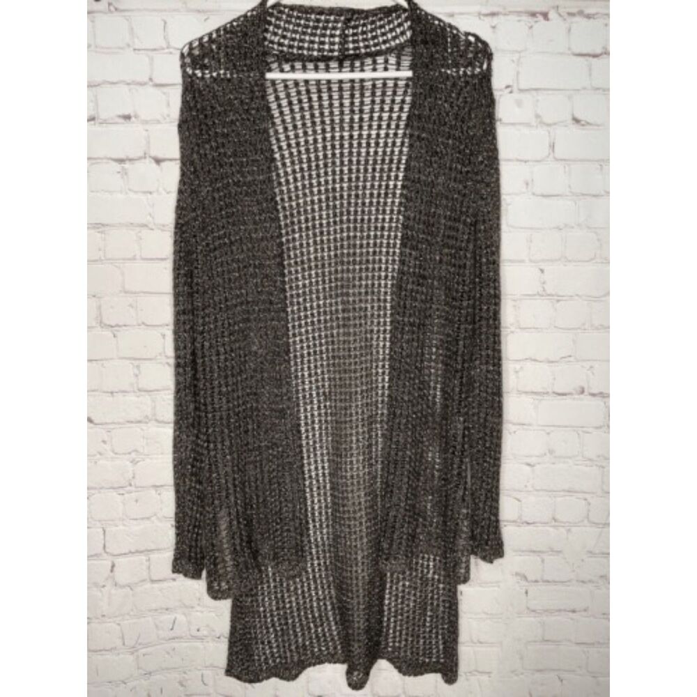 Eileen Fisher Open Knit Hi/Low Open Front Duster Cardigan Women Size M Brown Met